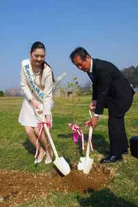 長井浜海水浴場に植樹する様子の写真